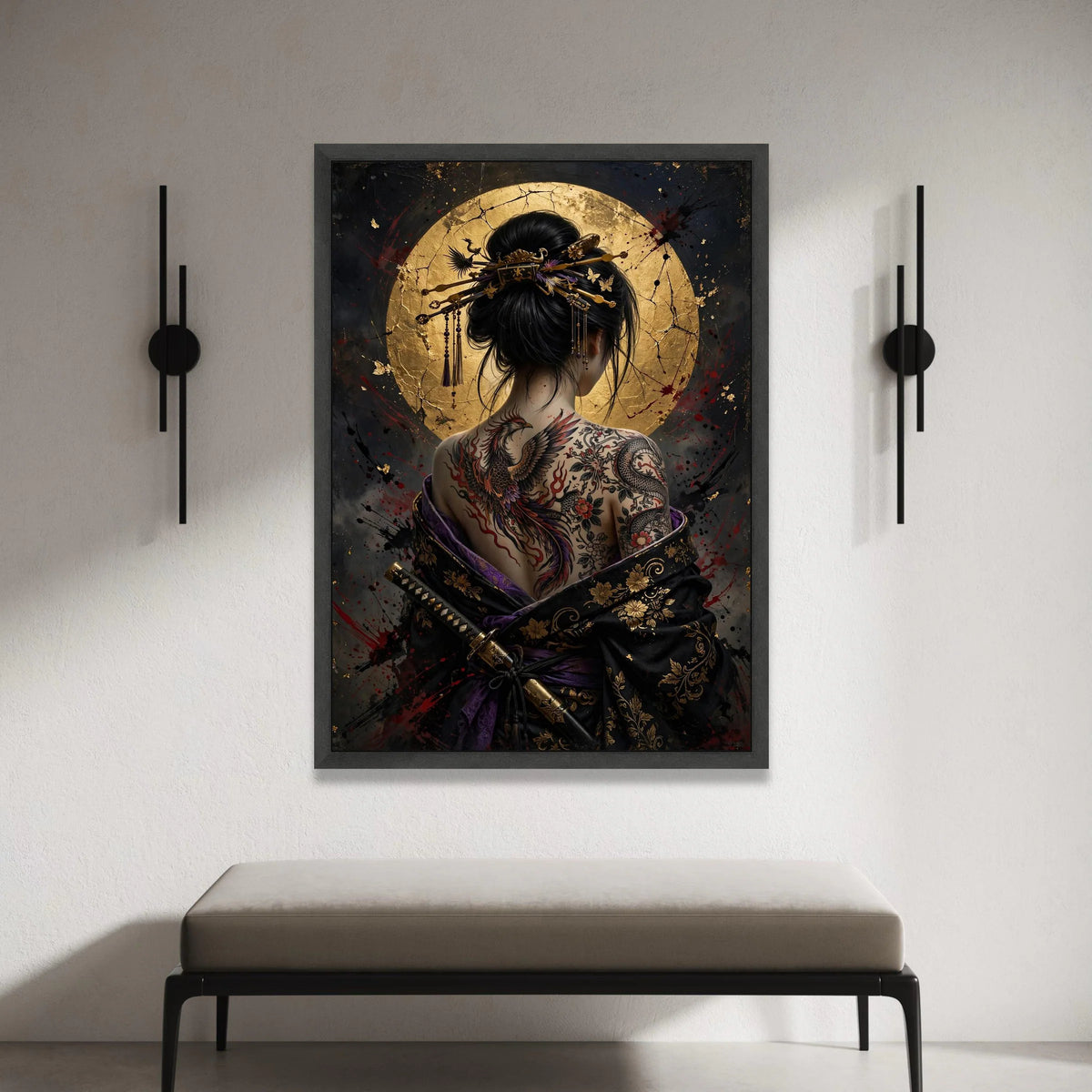 Asian Woman with Phoenix Tattoo, Samurai Sword Canvas, Geisha Back Art, Gold Circle Background, Japanese Ink Art Print, Canvas Print Art