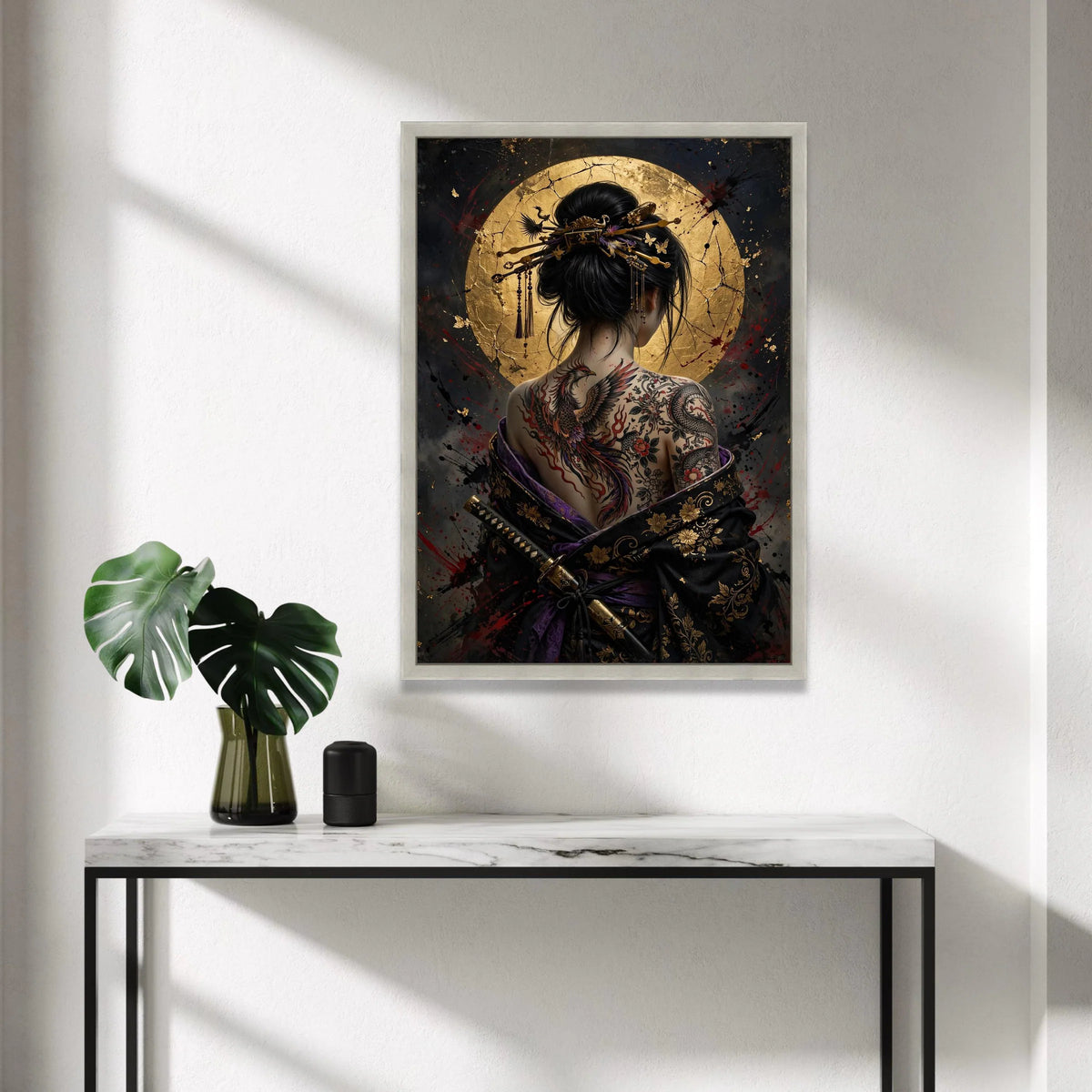 Asian Woman with Phoenix Tattoo, Samurai Sword Canvas, Geisha Back Art, Gold Circle Background, Japanese Ink Art Print, Canvas Print Art