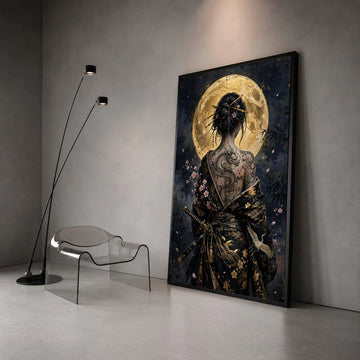 Asian Woman with Dragon Tattoo Canvas, Cherry Blossom Back Art, Japanese Kimono Wall Art, Full Moon Night Canvas Decoration Canvas Print Art