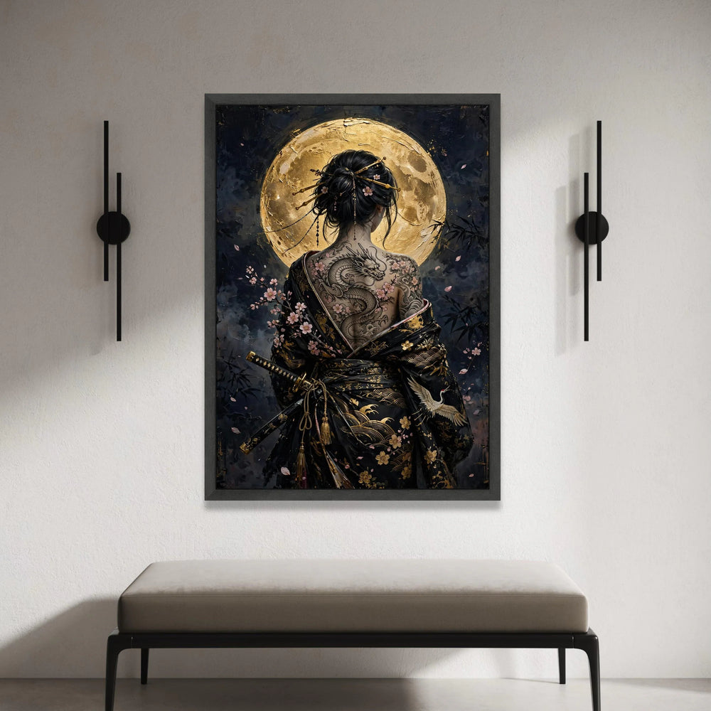 Asian Woman with Dragon Tattoo Canvas, Cherry Blossom Back Art, Japanese Kimono Wall Art, Full Moon Night Canvas Decoration Canvas Print Art