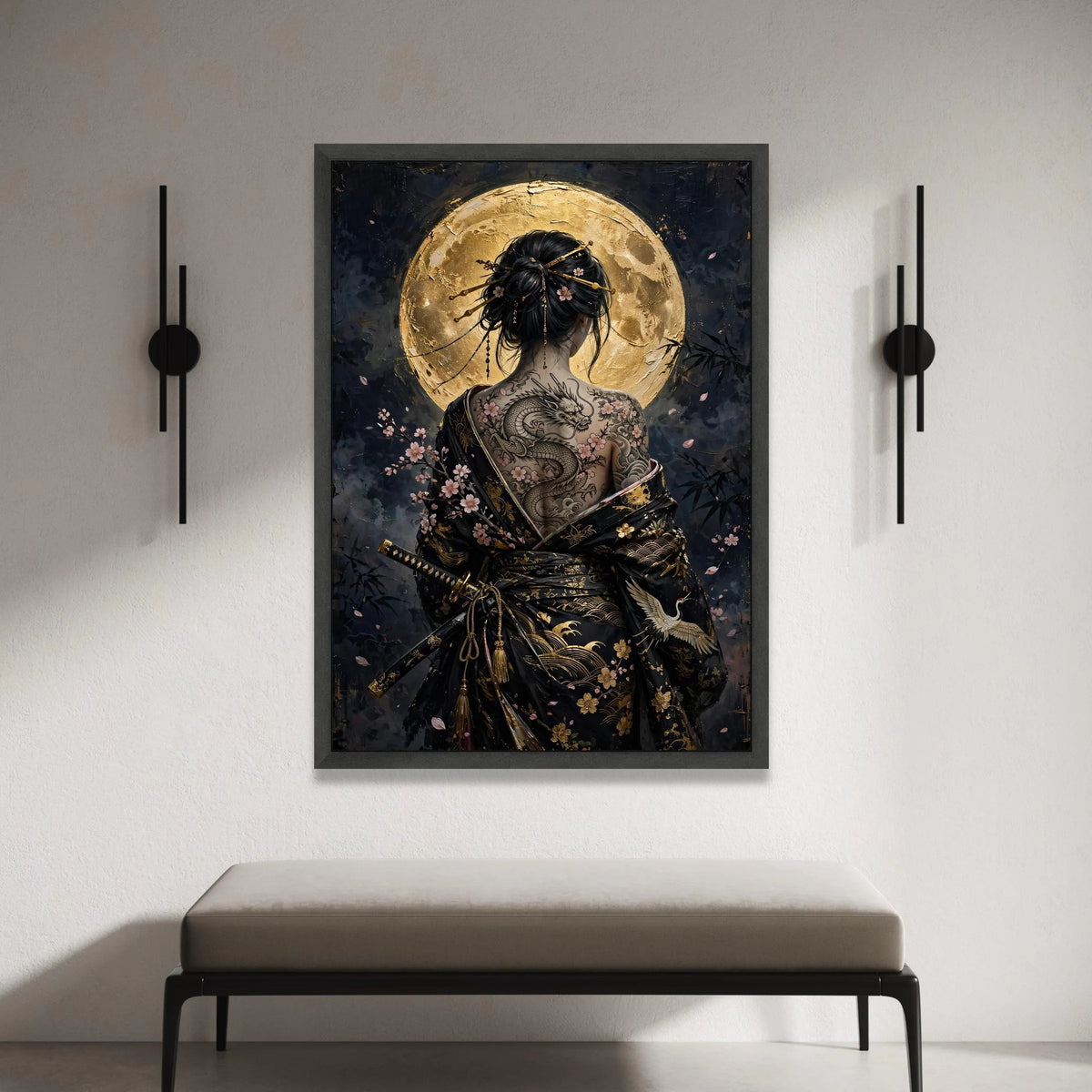 Asian Woman with Dragon Tattoo Canvas, Cherry Blossom Back Art, Japanese Kimono Wall Art, Full Moon Night Canvas Decoration Canvas Print Art