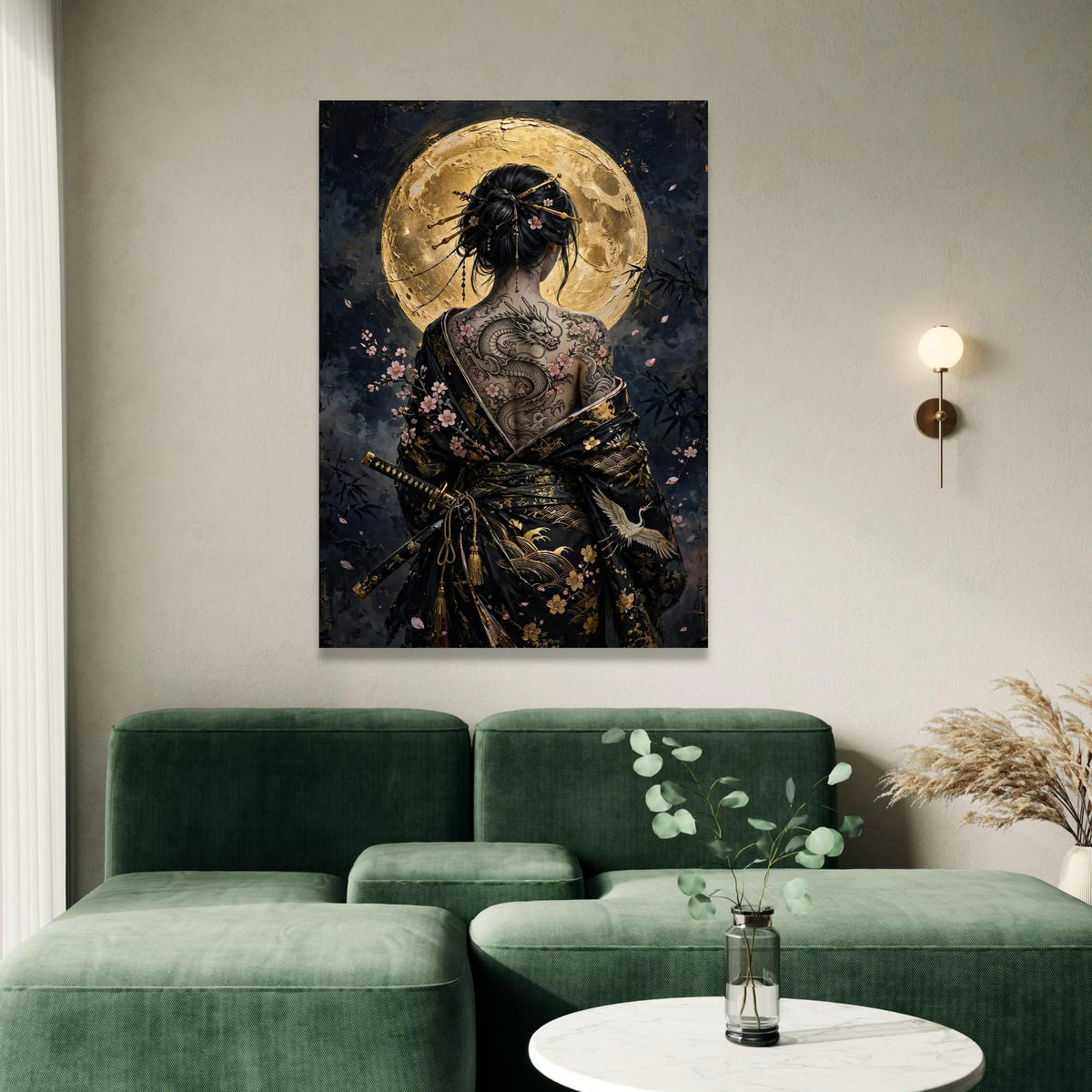 Asian Woman with Dragon Tattoo Canvas, Cherry Blossom Back Art, Japanese Kimono Wall Art, Full Moon Night Canvas Decoration Canvas Print Art