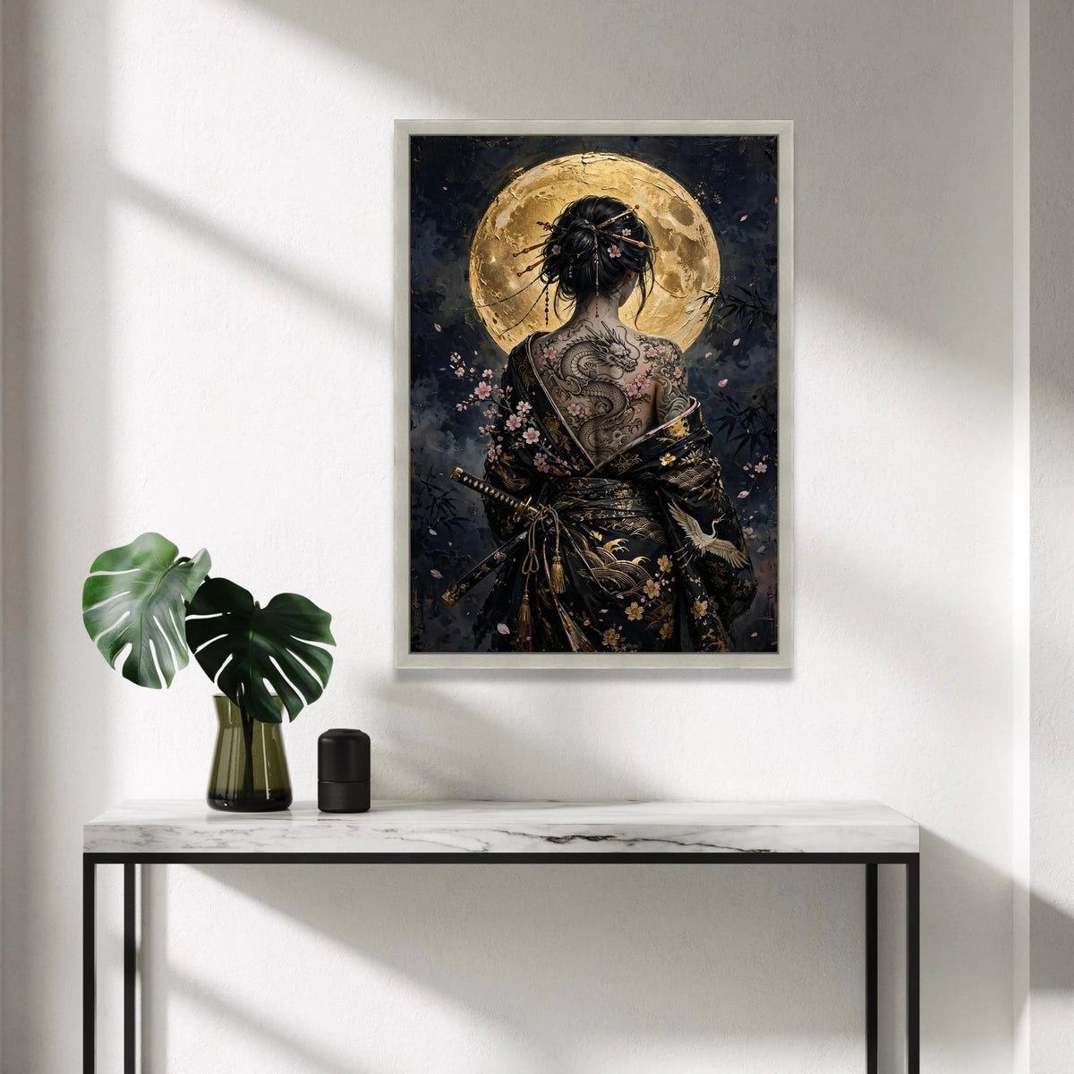 Asian Woman with Dragon Tattoo Canvas, Cherry Blossom Back Art, Japanese Kimono Wall Art, Full Moon Night Canvas Decoration Canvas Print Art