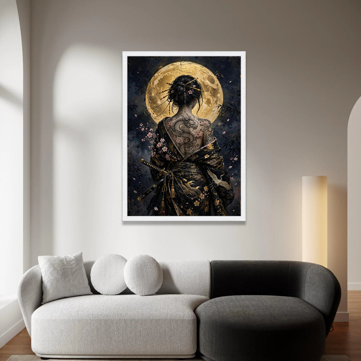 Asian Woman with Dragon Tattoo Canvas, Cherry Blossom Back Art, Japanese Kimono Wall Art, Full Moon Night Canvas Decoration Canvas Print Art