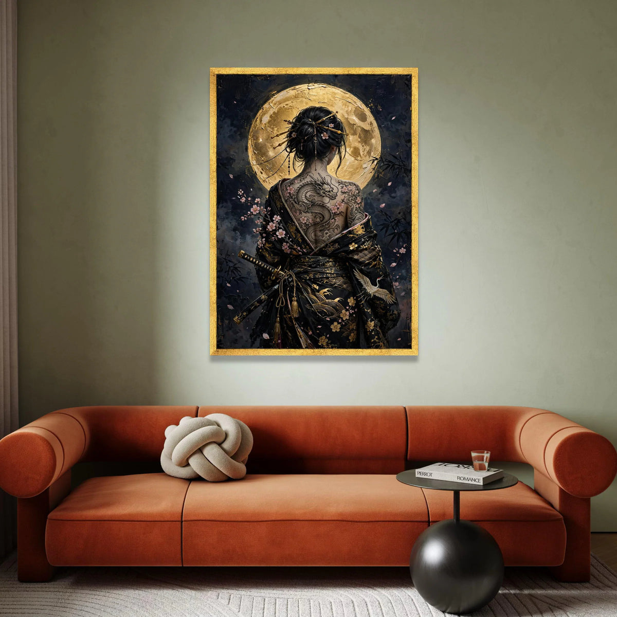 Asian Woman with Dragon Tattoo Canvas, Cherry Blossom Back Art, Japanese Kimono Wall Art, Full Moon Night Canvas Decoration Canvas Print Art