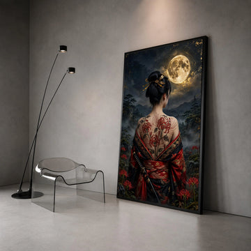 Moonlit Samurai Woman with Red Spider Lily Tattoo, Traditional Kimono Canvas, Asian Art Decor, Japanese Night Landscape Canvas Print Art