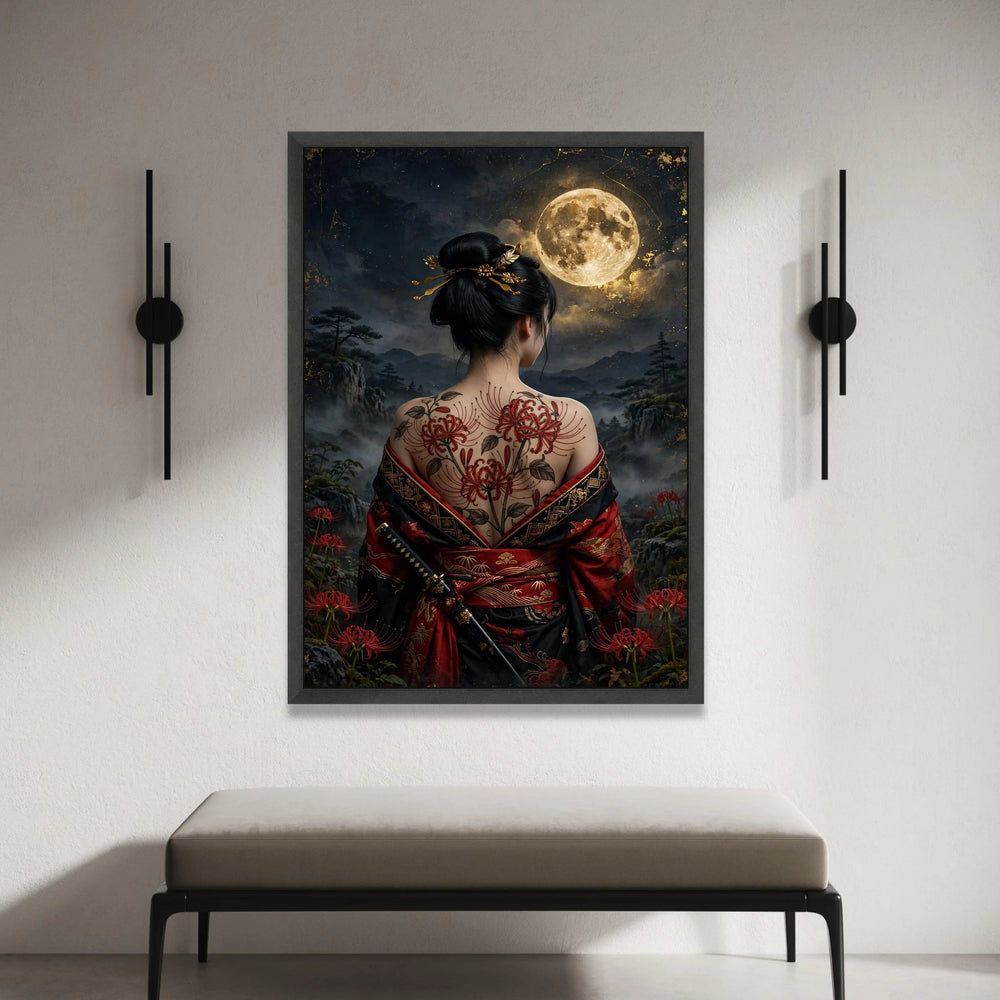 Moonlit Samurai Woman with Red Spider Lily Tattoo, Traditional Kimono Canvas, Asian Art Decor, Japanese Night Landscape Canvas Print Art