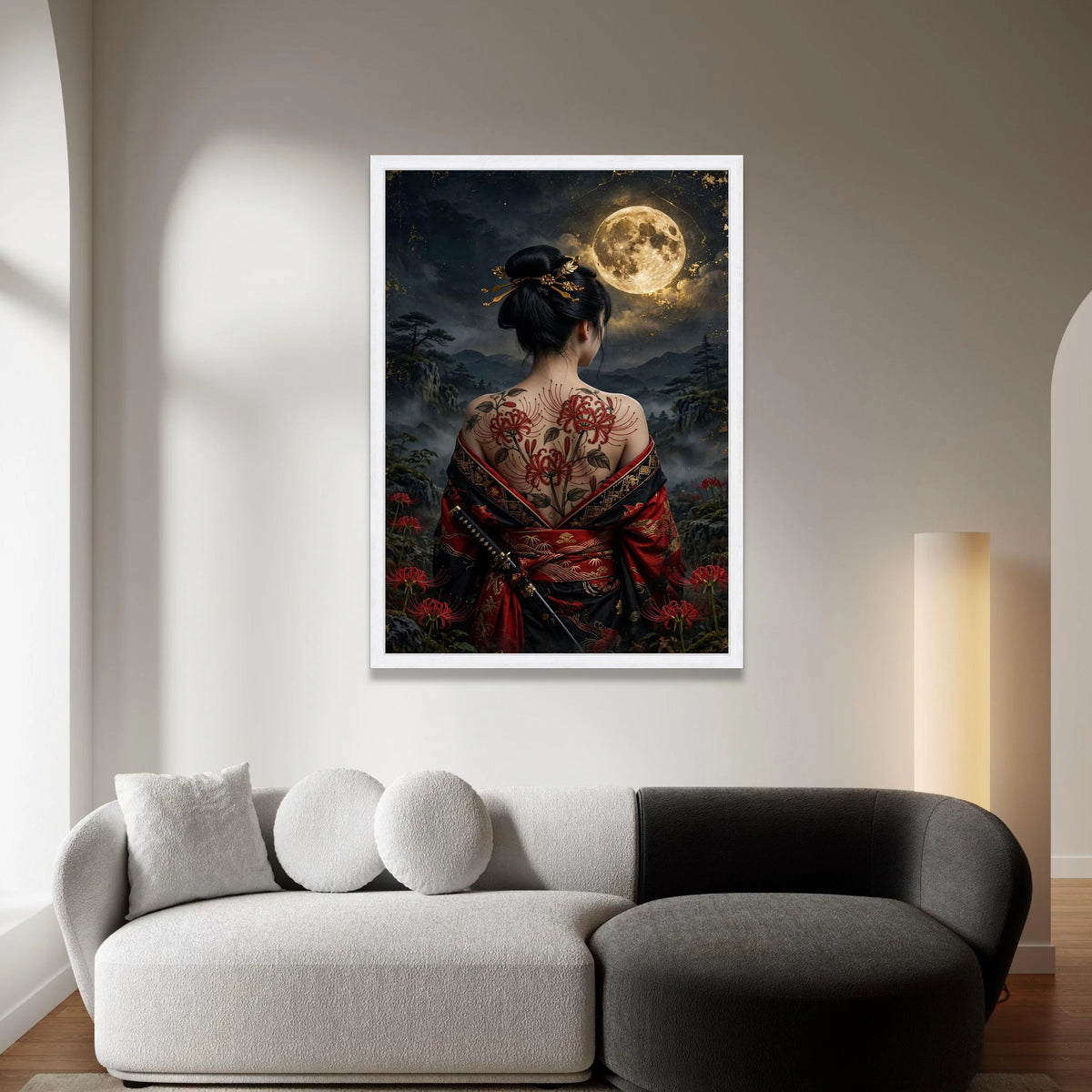 Moonlit Samurai Woman with Red Spider Lily Tattoo, Traditional Kimono Canvas, Asian Art Decor, Japanese Night Landscape Canvas Print Art