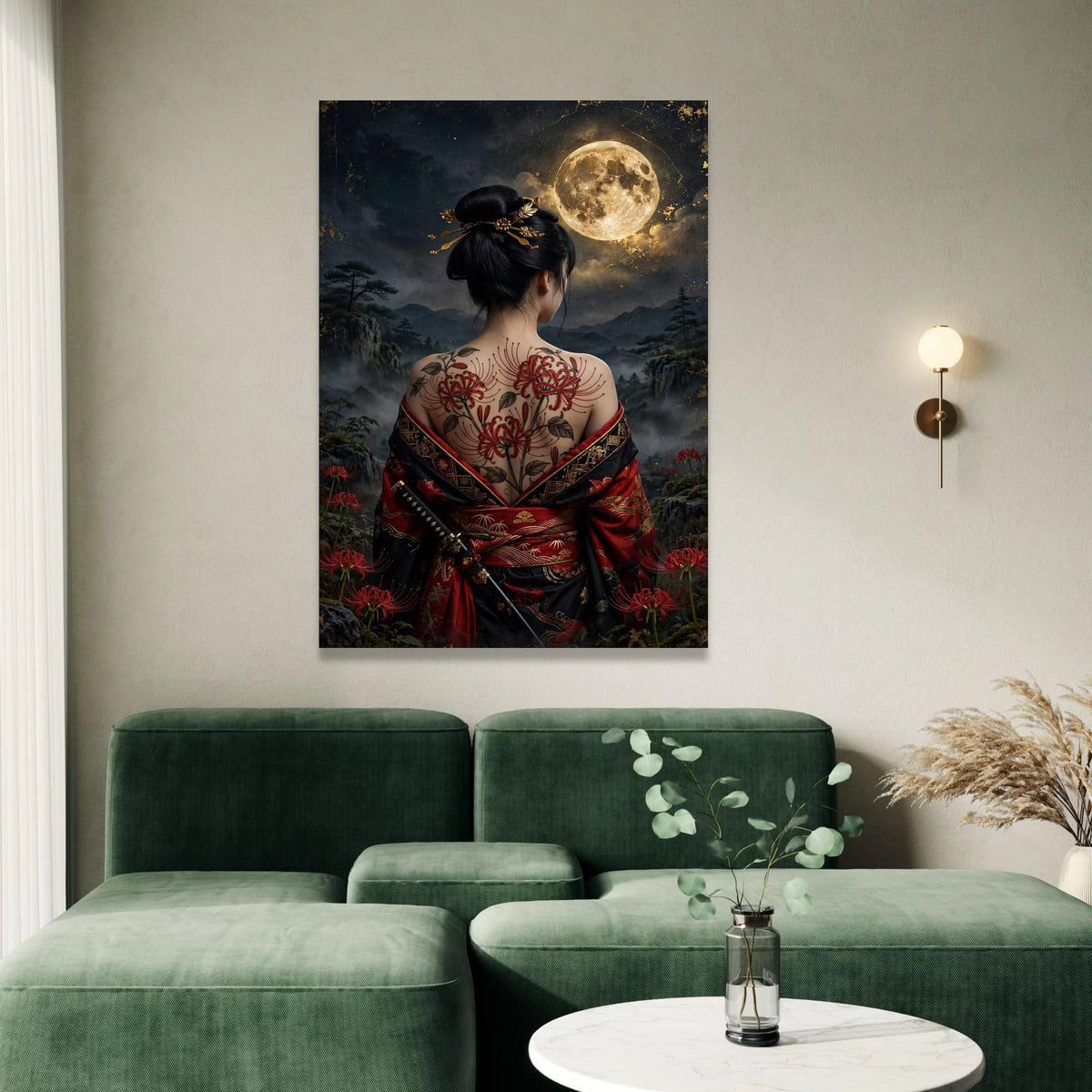 Moonlit Samurai Woman with Red Spider Lily Tattoo, Traditional Kimono Canvas, Asian Art Decor, Japanese Night Landscape Canvas Print Art