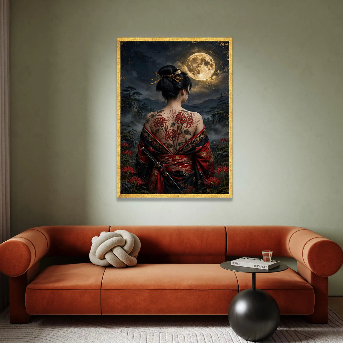 Moonlit Samurai Woman with Red Spider Lily Tattoo, Traditional Kimono Canvas, Asian Art Decor, Japanese Night Landscape Canvas Print Art