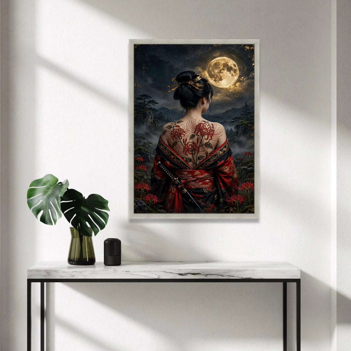 Moonlit Samurai Woman with Red Spider Lily Tattoo, Traditional Kimono Canvas, Asian Art Decor, Japanese Night Landscape Canvas Print Art