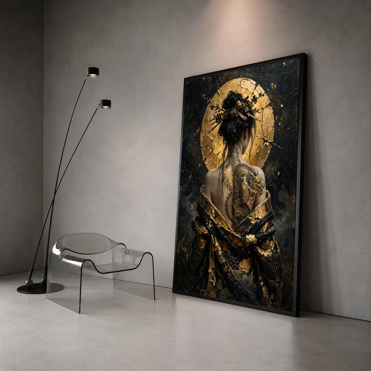 Elegant Dragon Tattoo Woman Canvas Wall Art, Asian Style Portrait, Gold Accent Back Art, Decorative Wall Hanging, Modern Canvas Print Art