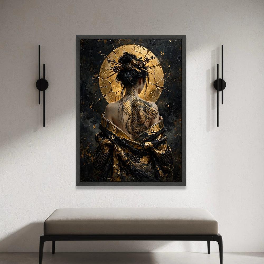 Elegant Dragon Tattoo Woman Canvas Wall Art, Asian Style Portrait, Gold Accent Back Art, Decorative Wall Hanging, Modern Canvas Print Art