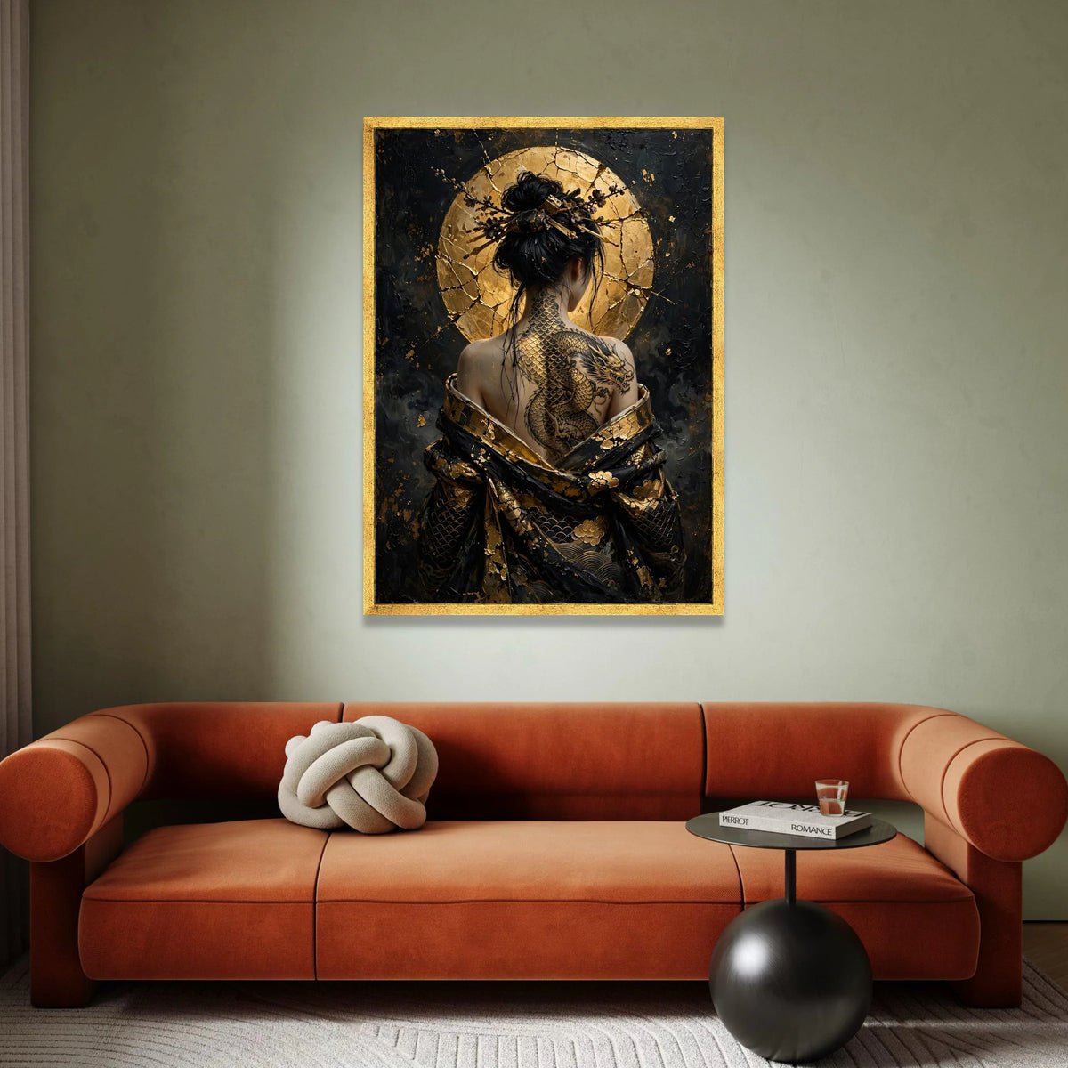 Elegant Dragon Tattoo Woman Canvas Wall Art, Asian Style Portrait, Gold Accent Back Art, Decorative Wall Hanging, Modern Canvas Print Art