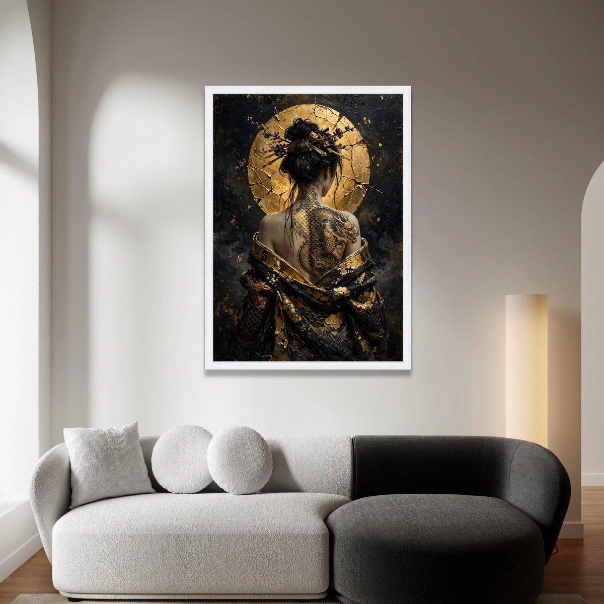 Elegant Dragon Tattoo Woman Canvas Wall Art, Asian Style Portrait, Gold Accent Back Art, Decorative Wall Hanging, Modern Canvas Print Art