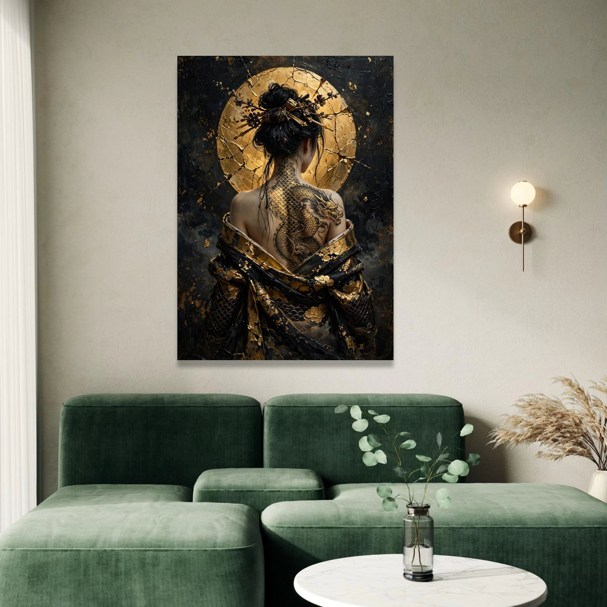 Elegant Dragon Tattoo Woman Canvas Wall Art, Asian Style Portrait, Gold Accent Back Art, Decorative Wall Hanging, Modern Canvas Print Art