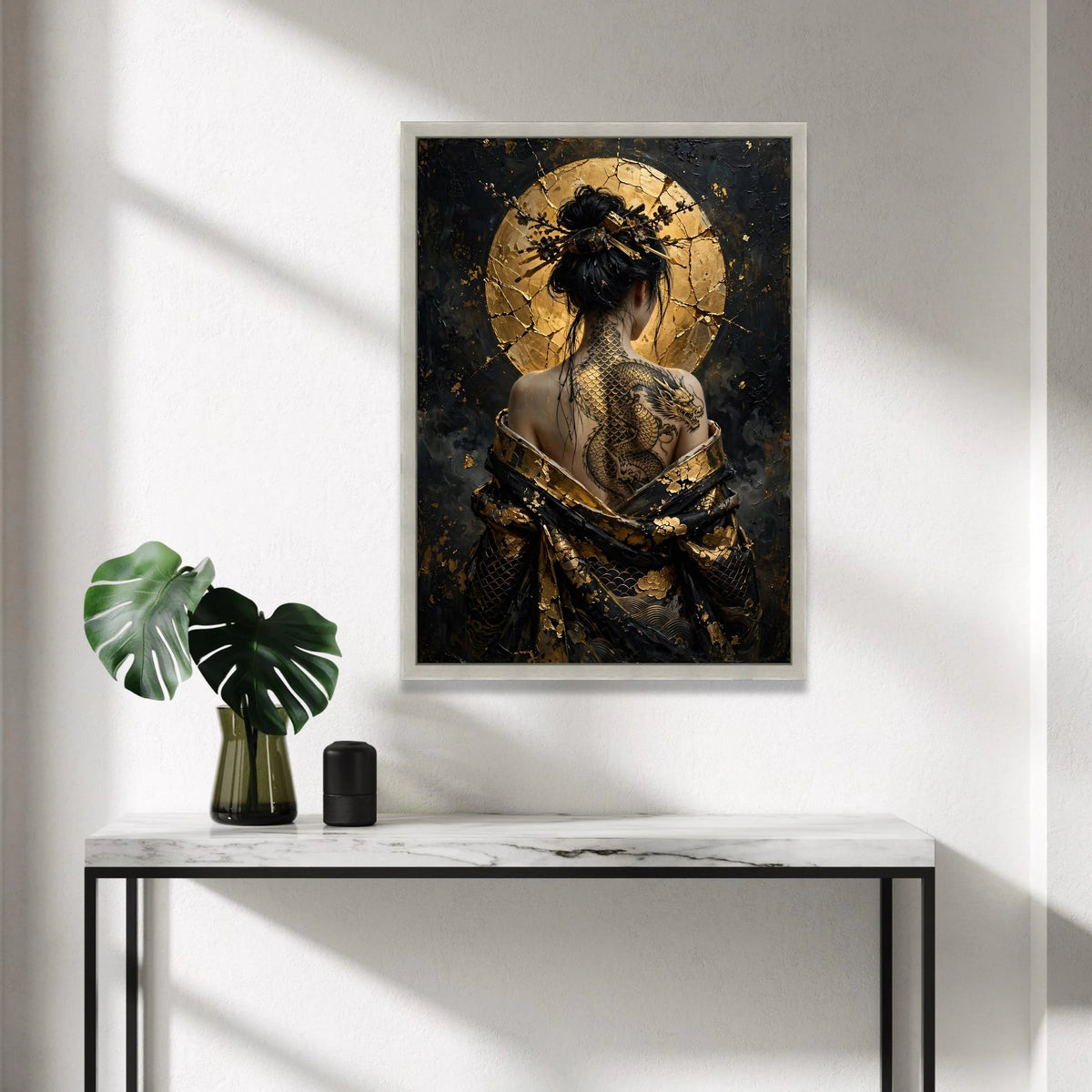 Elegant Dragon Tattoo Woman Canvas Wall Art, Asian Style Portrait, Gold Accent Back Art, Decorative Wall Hanging, Modern Canvas Print Art