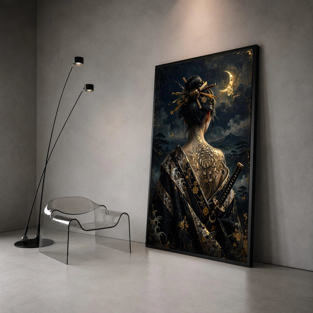 Samurai Woman Canvas Wall Art, Japanese Geisha Back Tattoo, Dark Moonlit Night Scene, Asian Culture Decor, Elegant Warrior Canvas Print Art