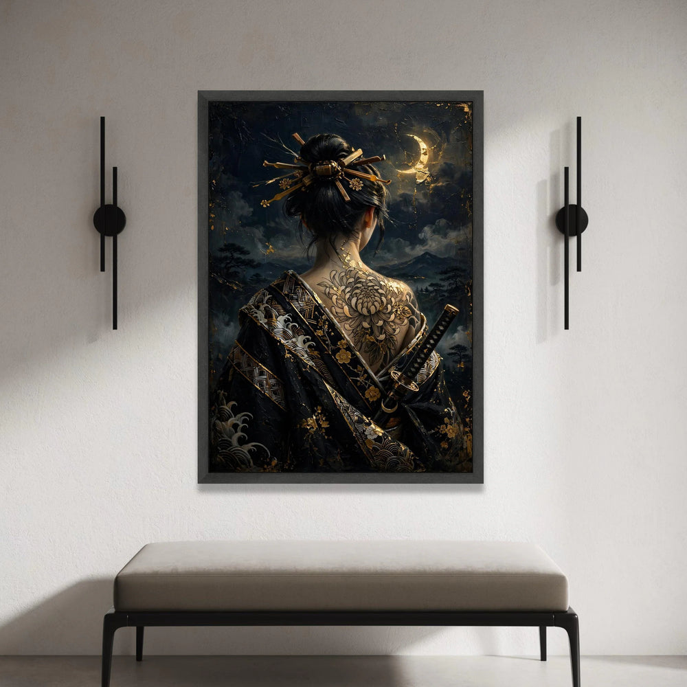 Samurai Woman Canvas Wall Art, Japanese Geisha Back Tattoo, Dark Moonlit Night Scene, Asian Culture Decor, Elegant Warrior Canvas Print Art