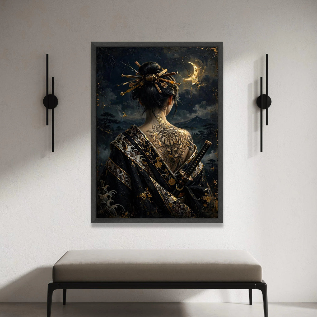 Samurai Woman Canvas Wall Art, Japanese Geisha Back Tattoo, Dark Moonlit Night Scene, Asian Culture Decor, Elegant Warrior Canvas Print Art