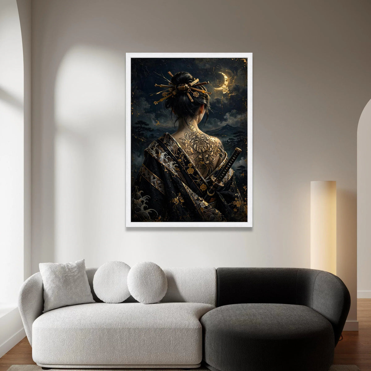 Samurai Woman Canvas Wall Art, Japanese Geisha Back Tattoo, Dark Moonlit Night Scene, Asian Culture Decor, Elegant Warrior Canvas Print Art