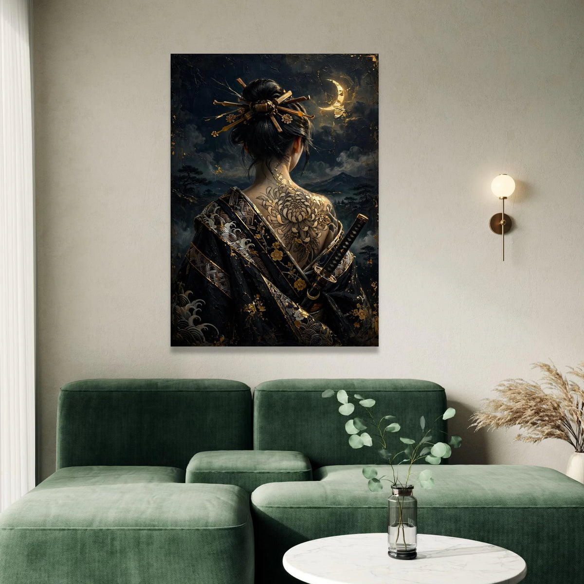 Samurai Woman Canvas Wall Art, Japanese Geisha Back Tattoo, Dark Moonlit Night Scene, Asian Culture Decor, Elegant Warrior Canvas Print Art