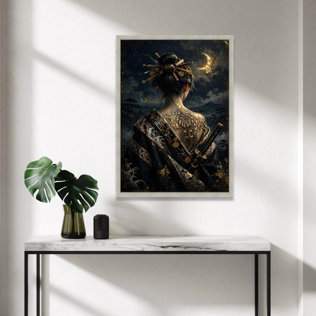 Samurai Woman Canvas Wall Art, Japanese Geisha Back Tattoo, Dark Moonlit Night Scene, Asian Culture Decor, Elegant Warrior Canvas Print Art