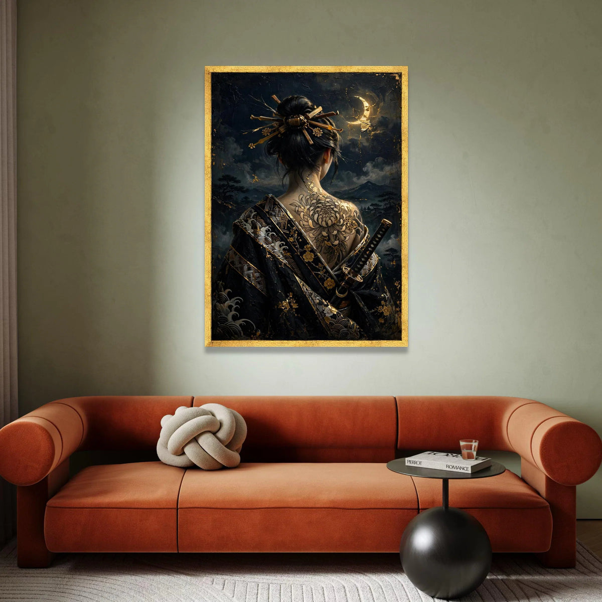 Samurai Woman Canvas Wall Art, Japanese Geisha Back Tattoo, Dark Moonlit Night Scene, Asian Culture Decor, Elegant Warrior Canvas Print Art