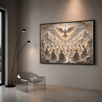 Holy Spirit Descending Canvas, Pentecost Scene Wall Art, Religious Christian Canvas, Dove and Apostles Artwork, Spiritual Canvas Print Art