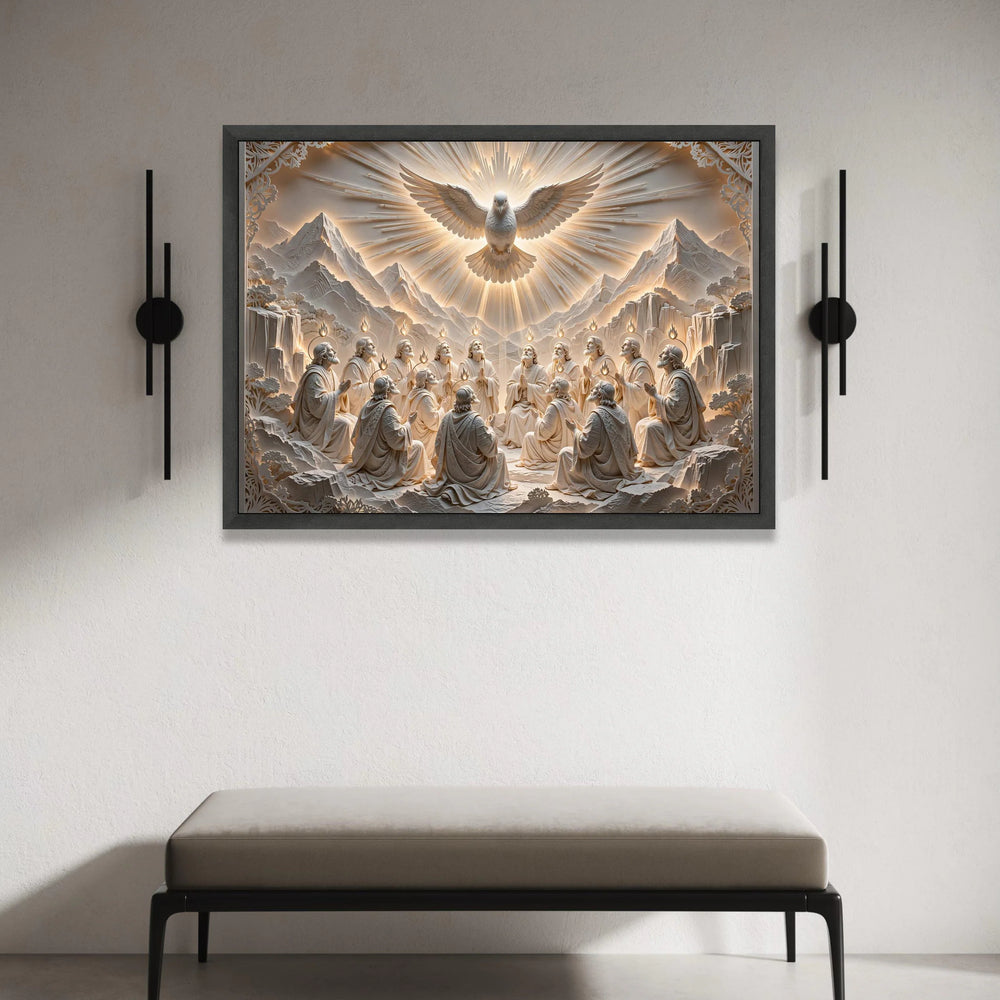 Holy Spirit Descending Canvas, Pentecost Scene Wall Art, Religious Christian Canvas, Dove and Apostles Artwork, Spiritual Canvas Print Art
