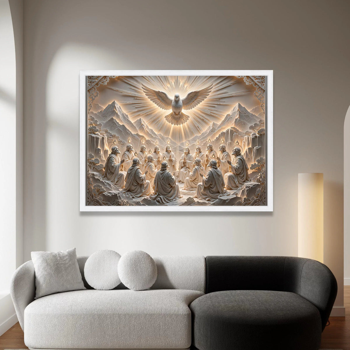 Holy Spirit Descending Canvas, Pentecost Scene Wall Art, Religious Christian Canvas, Dove and Apostles Artwork, Spiritual Canvas Print Art