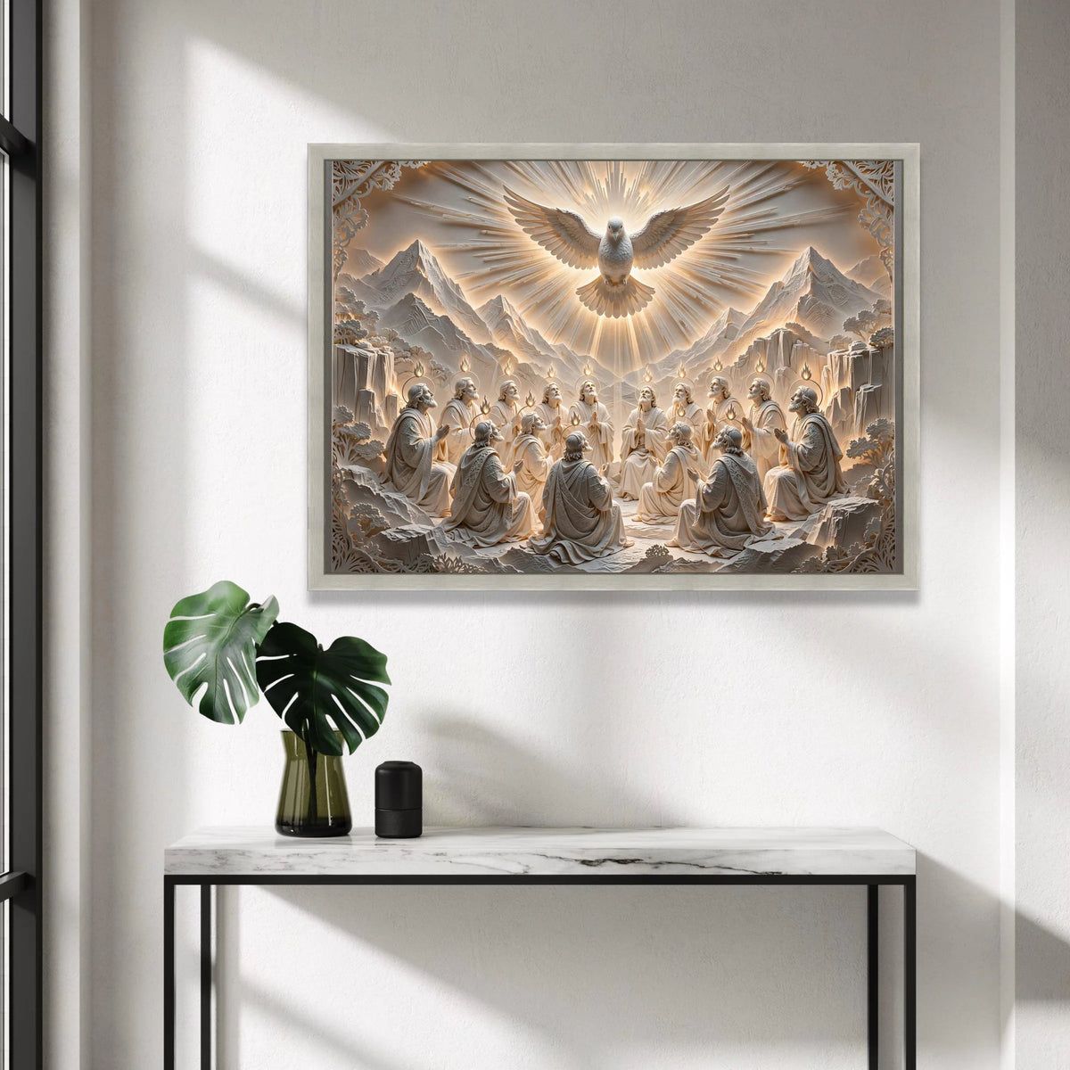 Holy Spirit Descending Canvas, Pentecost Scene Wall Art, Religious Christian Canvas, Dove and Apostles Artwork, Spiritual Canvas Print Art