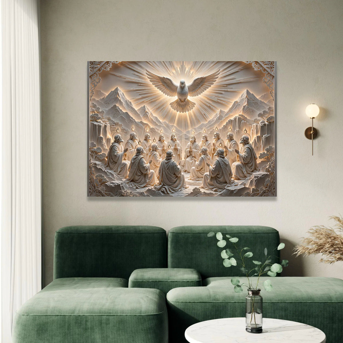 Holy Spirit Descending Canvas, Pentecost Scene Wall Art, Religious Christian Canvas, Dove and Apostles Artwork, Spiritual Canvas Print Art