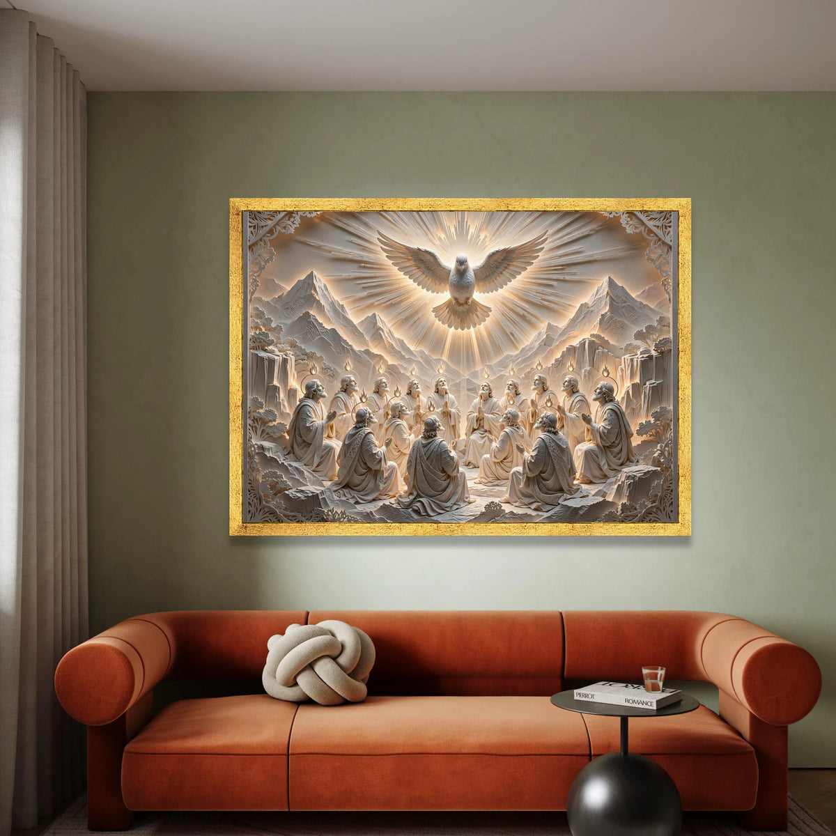 Holy Spirit Descending Canvas, Pentecost Scene Wall Art, Religious Christian Canvas, Dove and Apostles Artwork, Spiritual Canvas Print Art