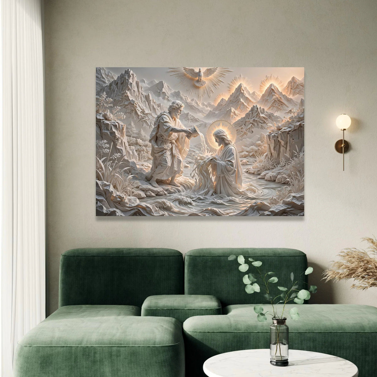 Spiritual Baptism Scene Canvas, Religious Wall Art, Divine Christian Canvas, Inspirational Home Decor, Sacred Mountain Canvas Print Art