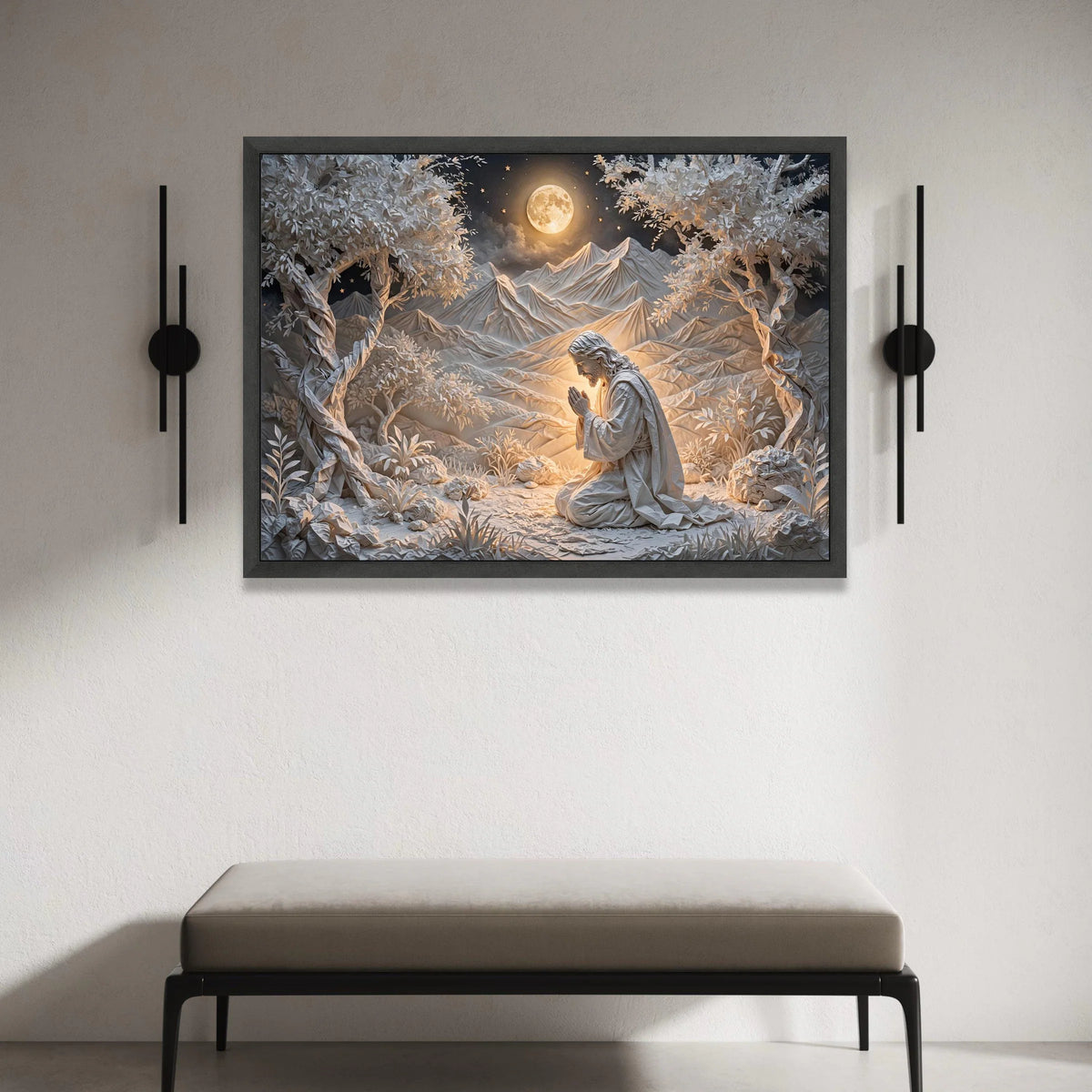 Serene Prayer Scene Canvas, Spiritual Wall Art, Jesus Praying Canvas, Moonlit Mountain Landscape, Religious Home Decoration Canvas Print Art