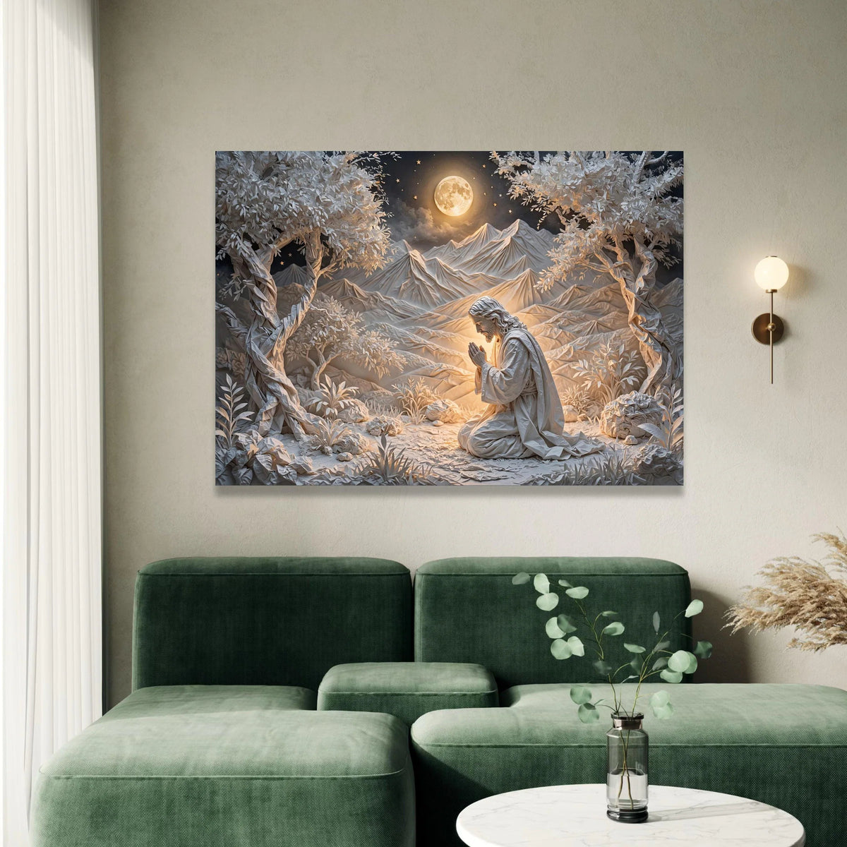 Serene Prayer Scene Canvas, Spiritual Wall Art, Jesus Praying Canvas, Moonlit Mountain Landscape, Religious Home Decoration Canvas Print Art