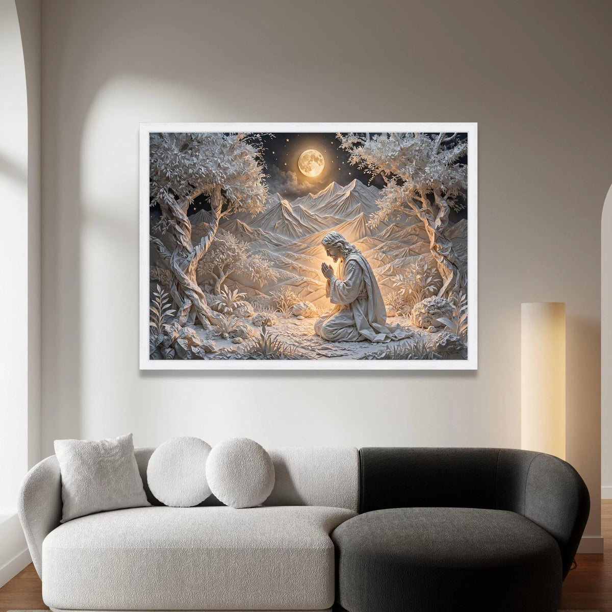 Serene Prayer Scene Canvas, Spiritual Wall Art, Jesus Praying Canvas, Moonlit Mountain Landscape, Religious Home Decoration Canvas Print Art
