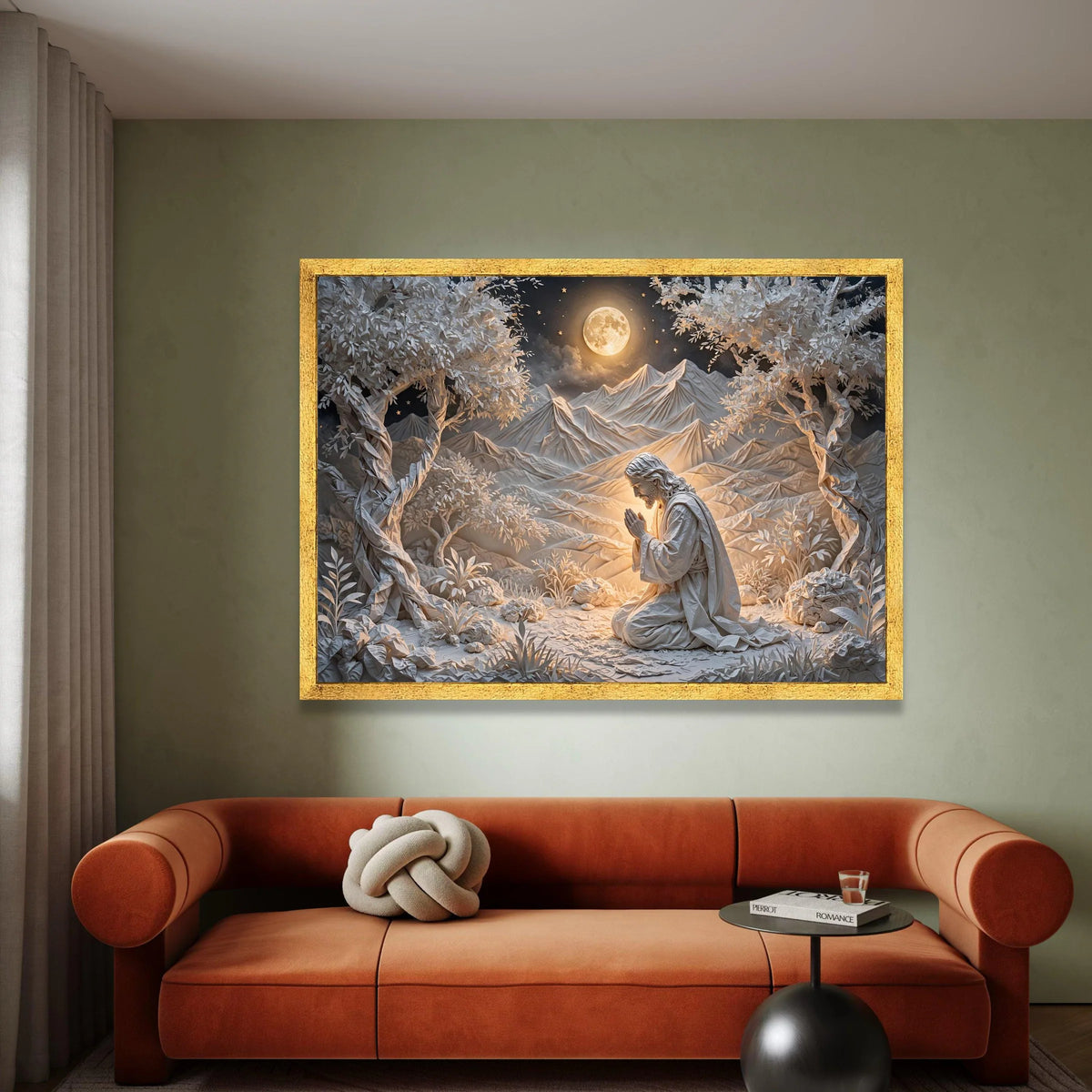 Serene Prayer Scene Canvas, Spiritual Wall Art, Jesus Praying Canvas, Moonlit Mountain Landscape, Religious Home Decoration Canvas Print Art