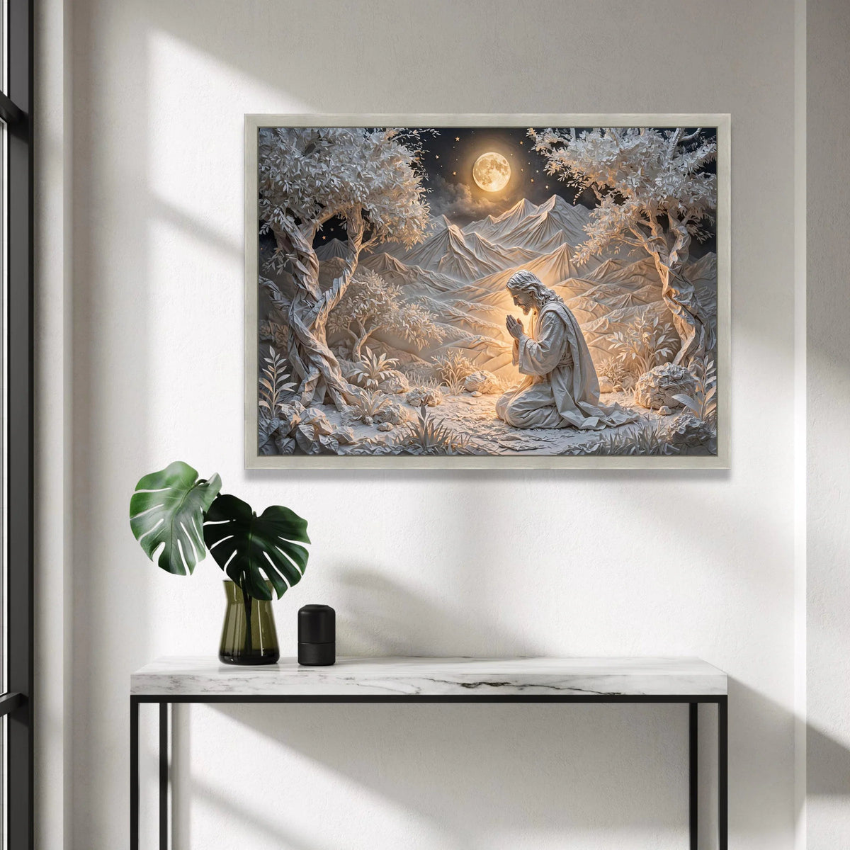 Serene Prayer Scene Canvas, Spiritual Wall Art, Jesus Praying Canvas, Moonlit Mountain Landscape, Religious Home Decoration Canvas Print Art
