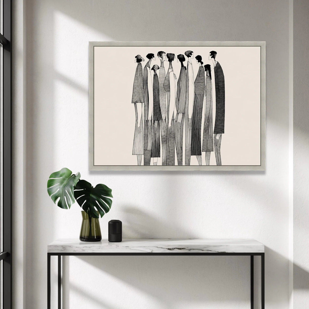 Abstract Crowd Scene Canvas, Modern Black and White Art, Contemporary Figures Wall Art, Minimalist People Illustration, Canvas Print Art