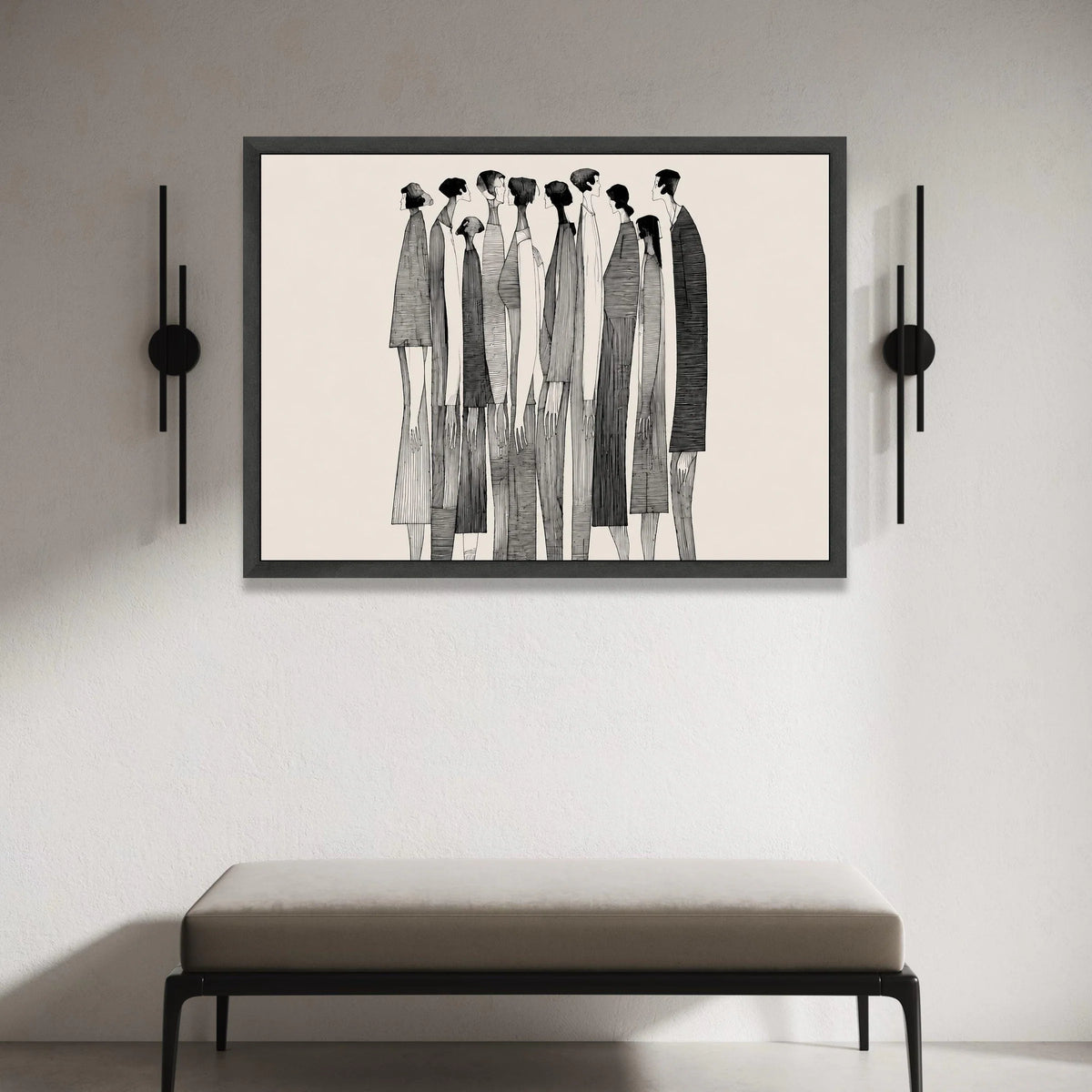 Abstract Crowd Scene Canvas, Modern Black and White Art, Contemporary Figures Wall Art, Minimalist People Illustration, Canvas Print Art