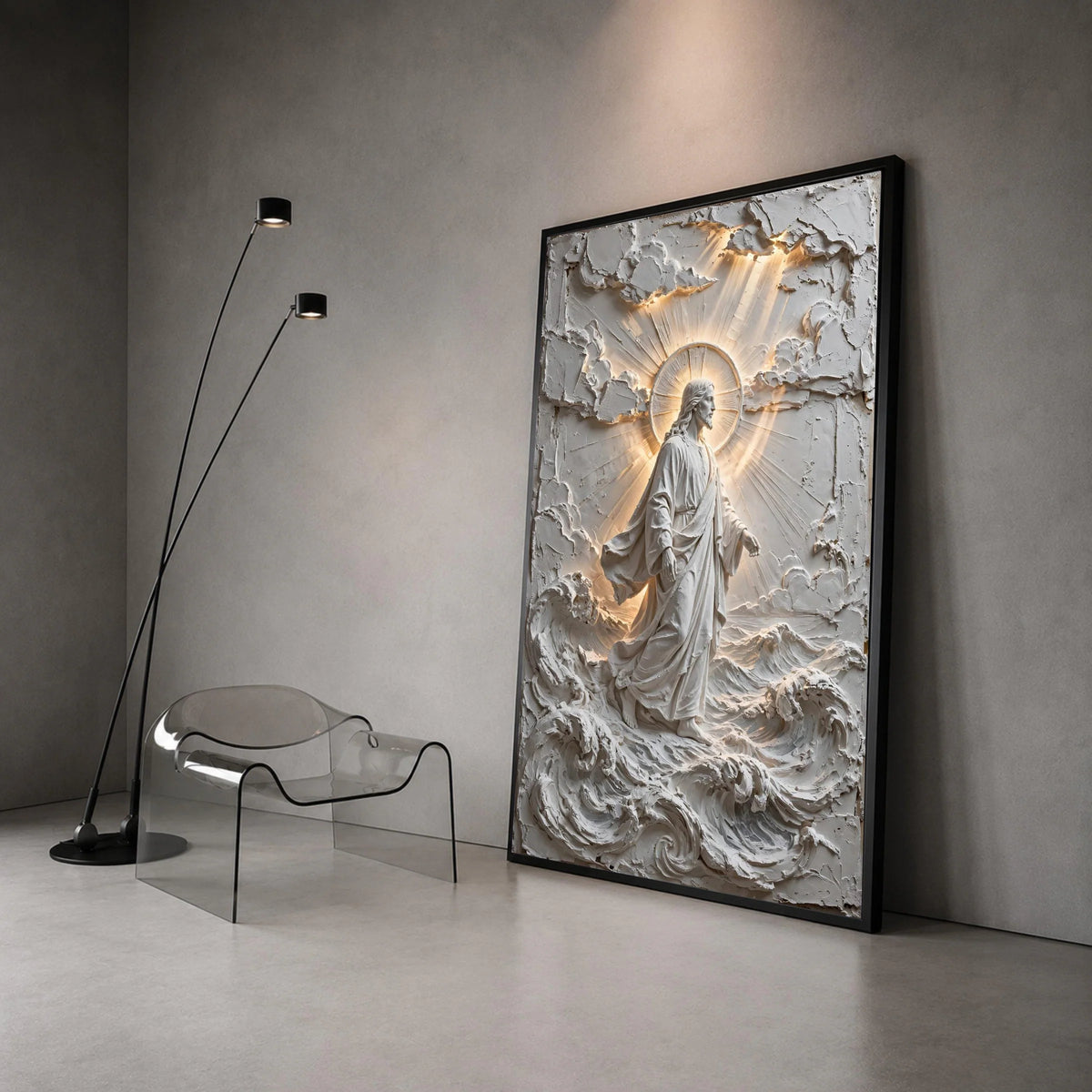 Divine Jesus Christ Walking on Water Canvas Wall Art, Spiritual Religious Home Decoration, Illuminated Christian Figure Art Canvas Print Art