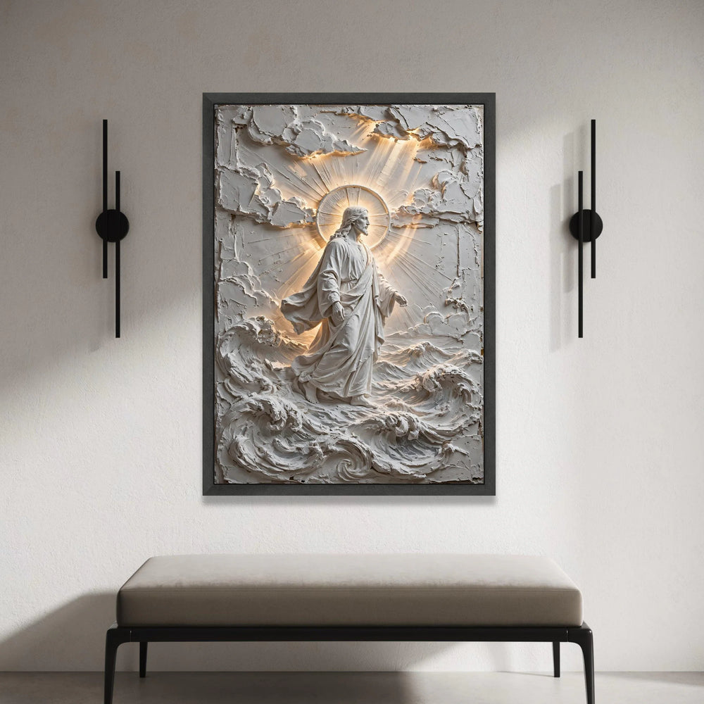 Divine Jesus Christ Walking on Water Canvas Wall Art, Spiritual Religious Home Decoration, Illuminated Christian Figure Art Canvas Print Art