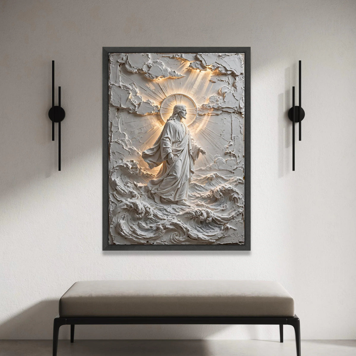 Divine Jesus Christ Walking on Water Canvas Wall Art, Spiritual Religious Home Decoration, Illuminated Christian Figure Art Canvas Print Art