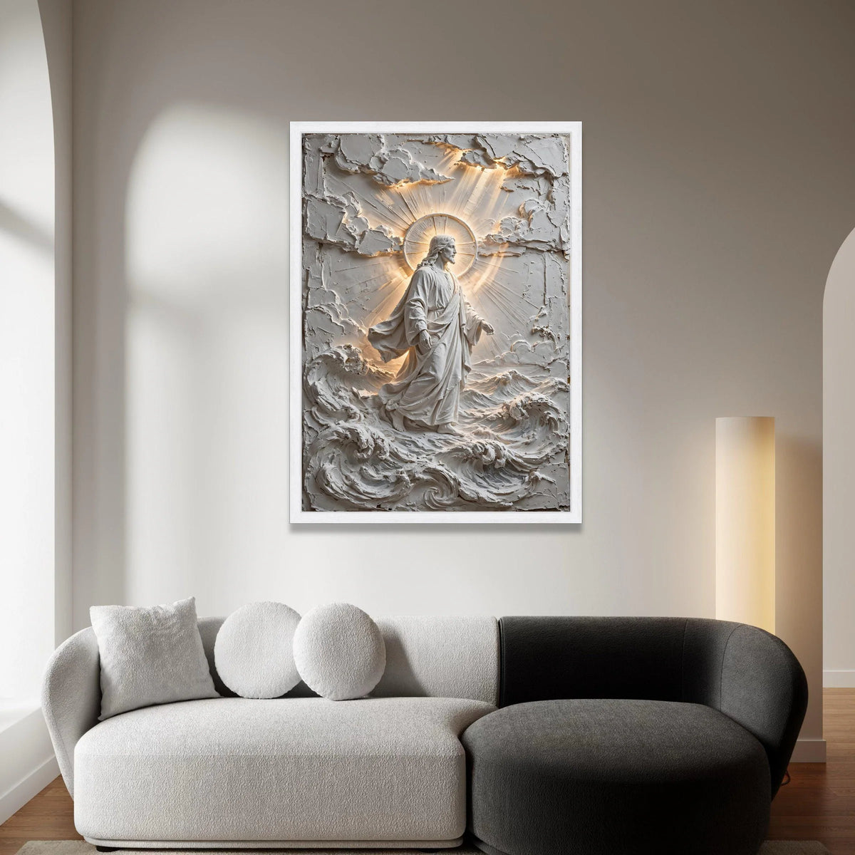 Divine Jesus Christ Walking on Water Canvas Wall Art, Spiritual Religious Home Decoration, Illuminated Christian Figure Art Canvas Print Art