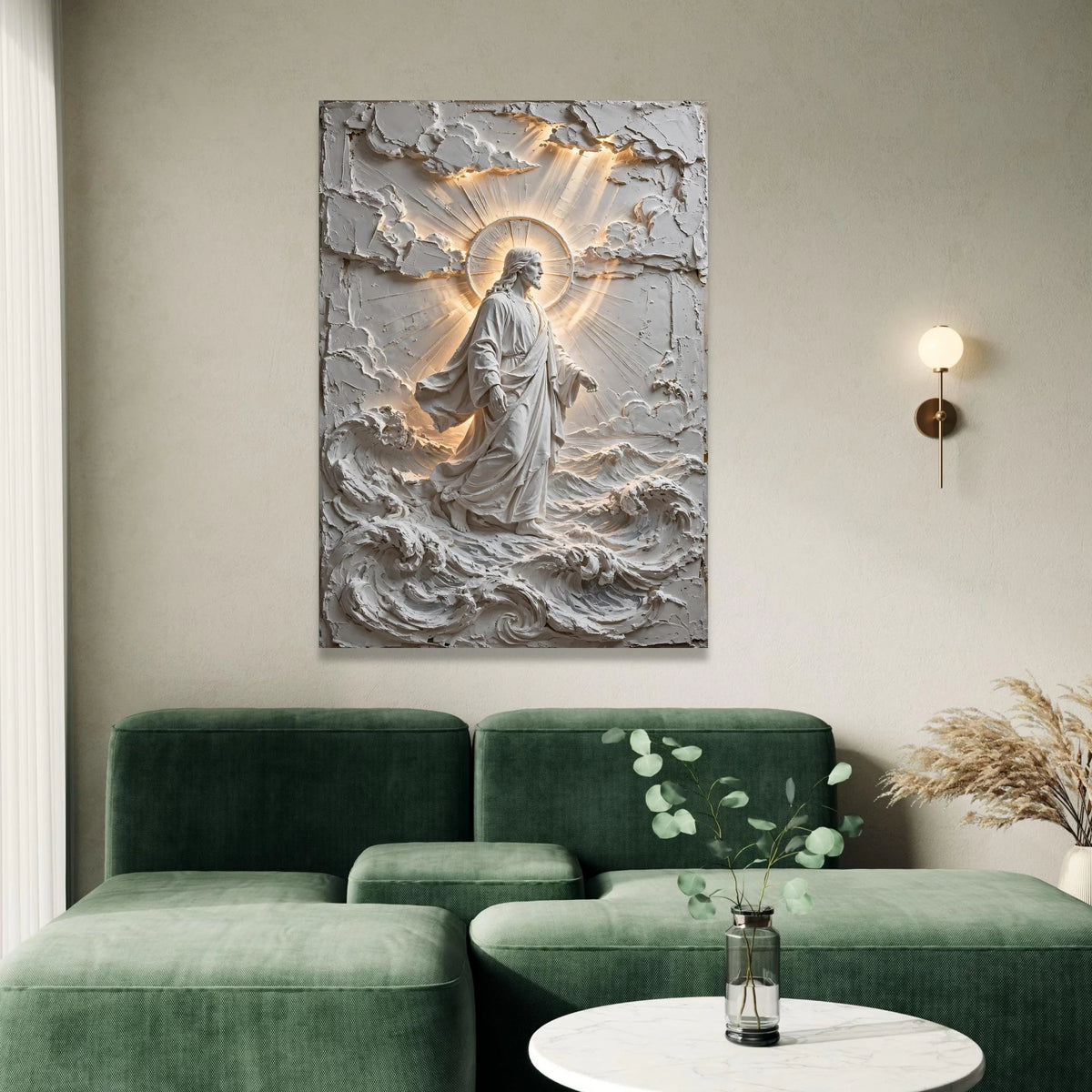 Divine Jesus Christ Walking on Water Canvas Wall Art, Spiritual Religious Home Decoration, Illuminated Christian Figure Art Canvas Print Art