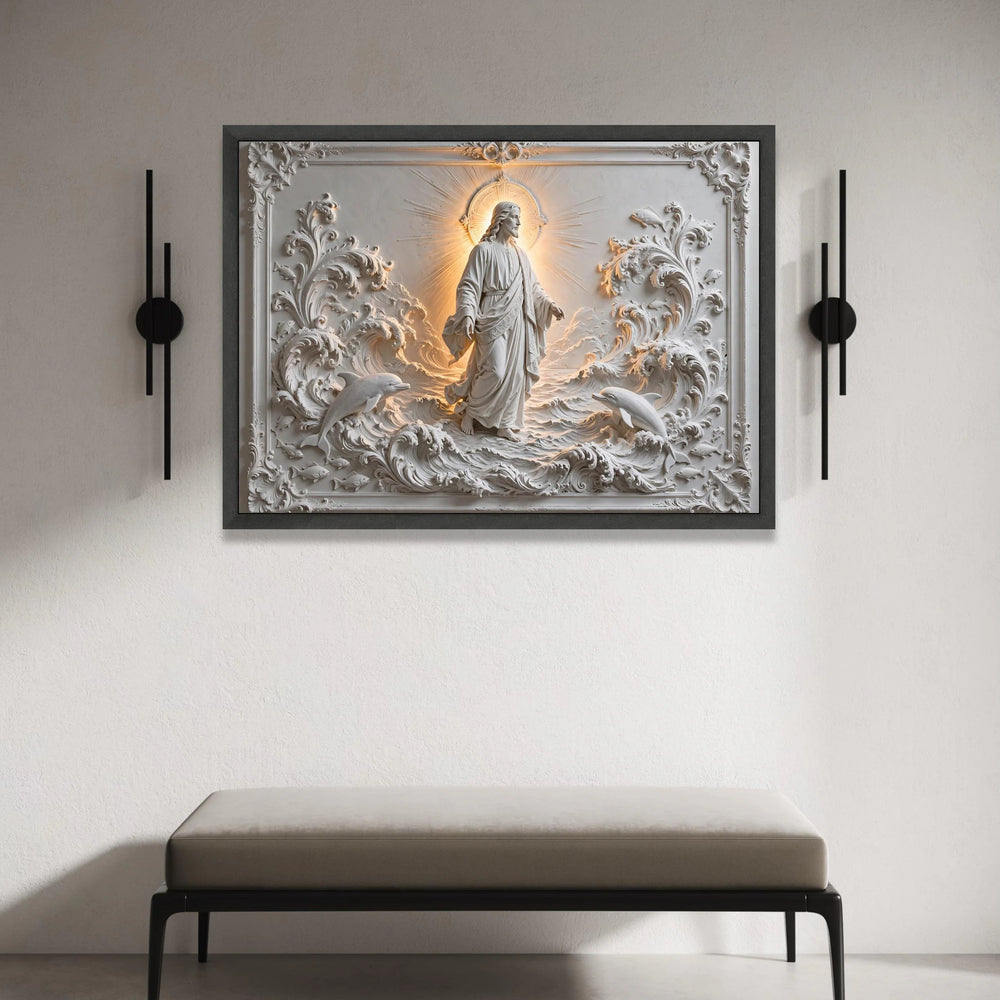 Radiant Jesus Figure with Dolphins and Waves Canvas, Spiritual Religious Wall Art, Illuminated Halo Home Decoration, Canvas Print Art