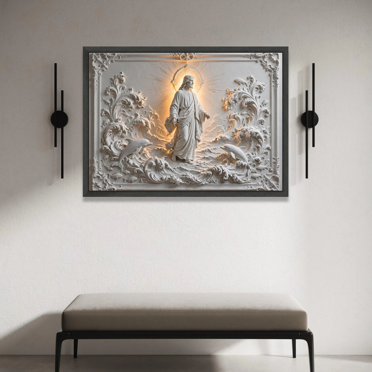 Radiant Jesus Figure with Dolphins and Waves Canvas, Spiritual Religious Wall Art, Illuminated Halo Home Decoration, Canvas Print Art