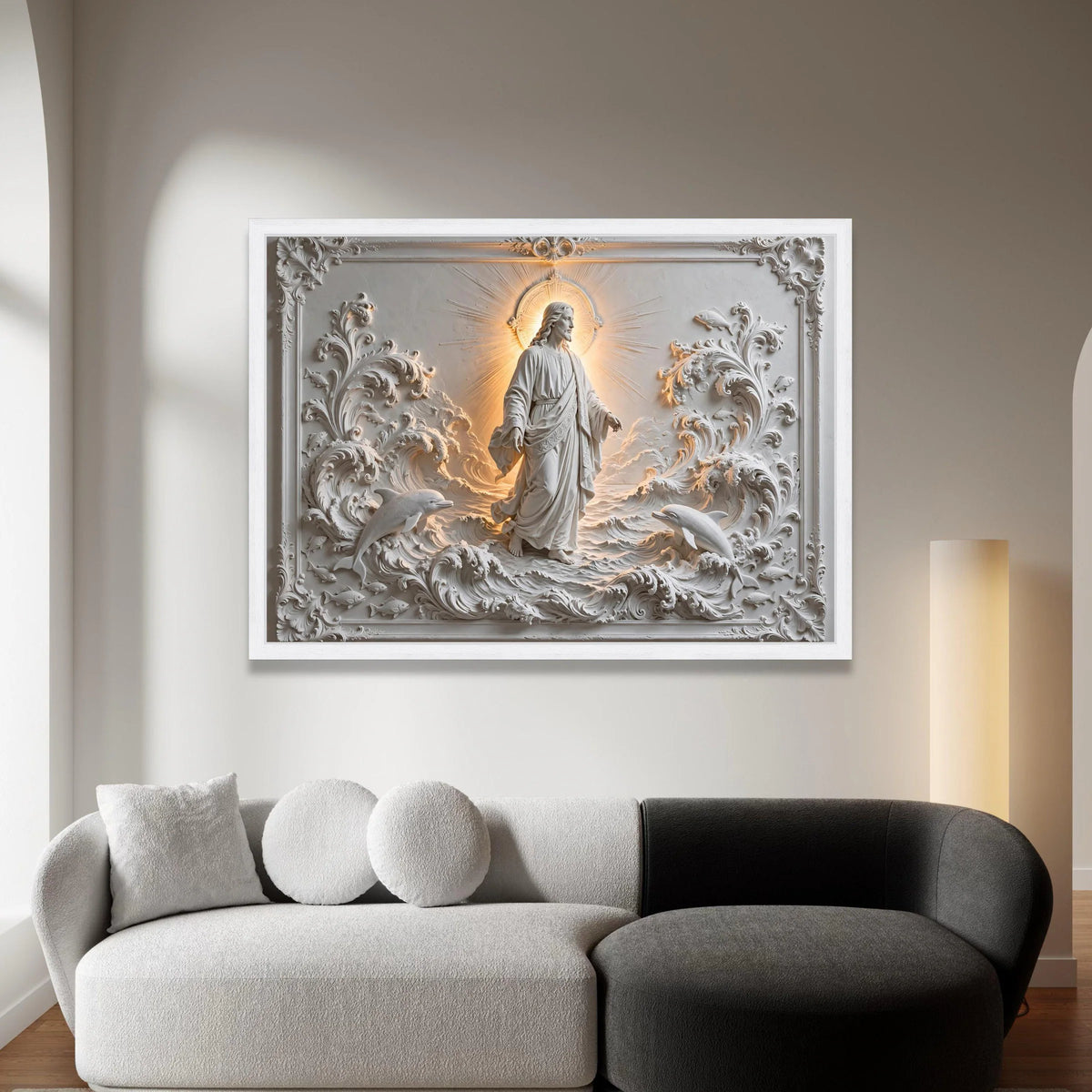 Radiant Jesus Figure with Dolphins and Waves Canvas, Spiritual Religious Wall Art, Illuminated Halo Home Decoration, Canvas Print Art